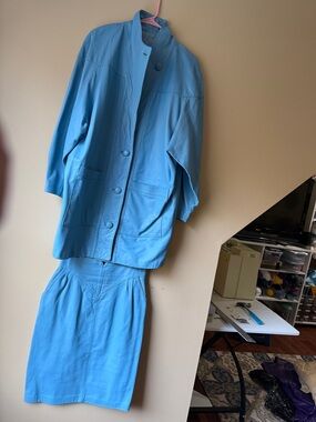 80s vintage Bright Blue Two-Piece Skirt Suit
